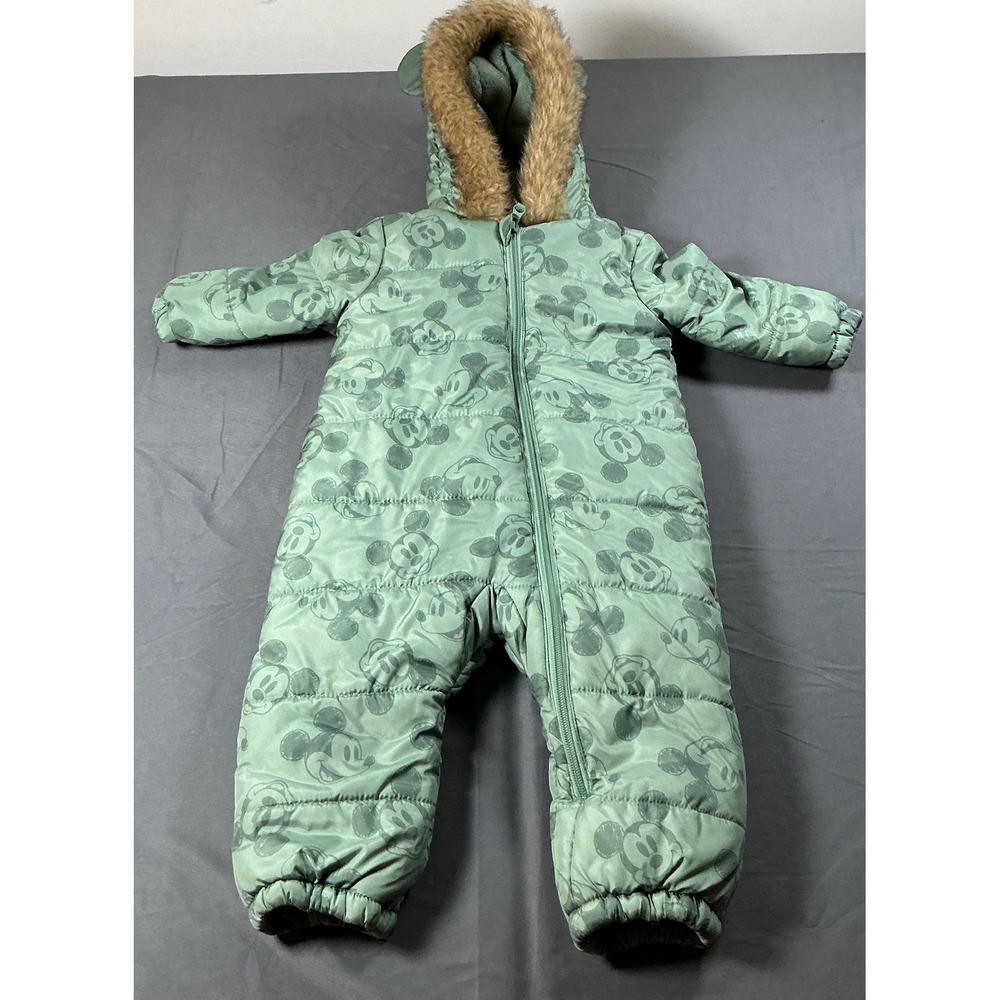 Disney Baby Mickey Mouse Hooded Snowsuit Sage Green Puffer Bunting 12-18M